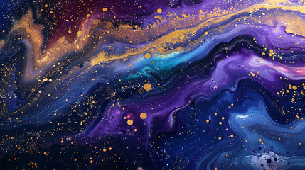 Fluid art painting of a galaxy, with deep space blues, purples, and gold stars creating a cosmic...