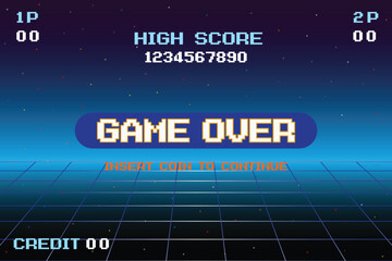 GAME OVER INSERT A COIN TO CONTINUE .Synth wave wireframe net illustration. pixel art .8 bit game. retro game. for game assets .Retro Futurism Sci-Fi Background. glowing neon grid. and stars.