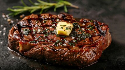 Ribeye steak, ideally grilled, glistening with garlic butter, set on an isolated backdrop with precise studio lighting, captured in a raw style - obrazy, fototapety, plakaty