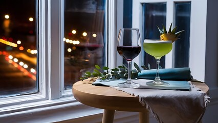 Two drinks sit on a table in front of a window