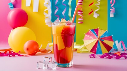 Obraz premium The refreshing juice with ice on a bright multi colored background