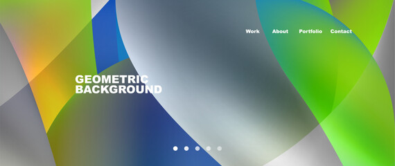 A vibrant geometric background featuring rectangles and circles in shades of electric blue and green, inspired by the sky and grass. Perfect for a technology brand display device with a modern font