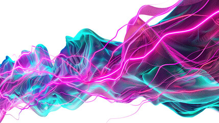 Vibrant magenta neon lightning arcs intersecting with glowing turquoise waves, isolated on a solid white background."