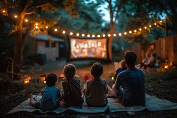 The delightful experience of a family having an outdoor movie night in summer.