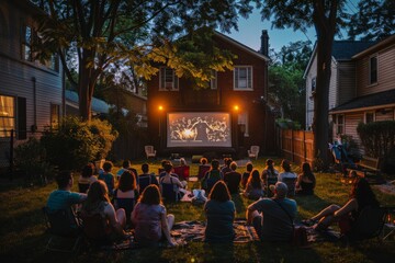 The delightful experience of a family having an outdoor movie night in summer.