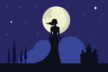 Night scene background with woman silhouette and full moon vector design