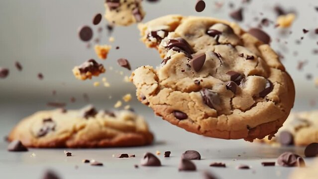 A freshly baked chocolate chip cookie crumbles and breaks apart in mid-air, with golden brown crumbs and luscious chocolate chips scattering. 