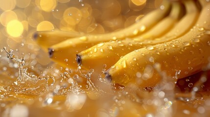   A table holds numerous ripe bananas, submerged up to their stems in water with water droplets forming atop them