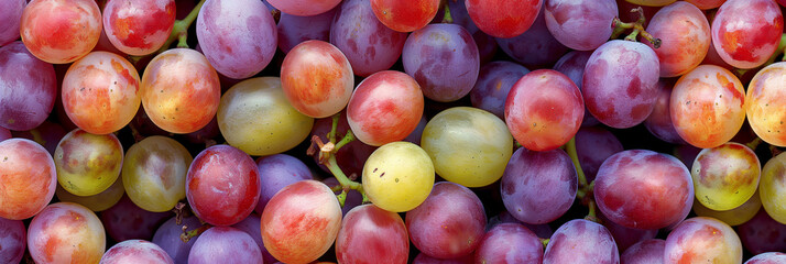 A diverse collection of grape bunches varying from dark purple to light green, forming a full-frame background of ripe fruits - obrazy, fototapety, plakaty