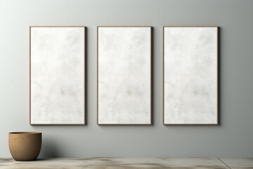 Room with table, lamp, and three pictures on wall. Generative AI