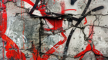 The textured surface of a concrete wall, its cracks and crevices filled with the bold lines and colors of graffiti tags, forming an abstract urban landscape