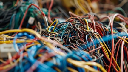 A tangled web of old wires and cords illustrating the potential for reusing electronic waste to create innovative and sustainable designs..