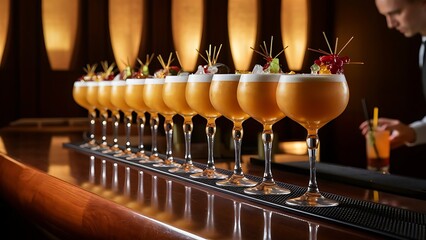 Beautiful golden row of cocktails on the bar