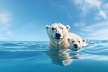 Obraz premium Mother polar bear and cub swimming in the ocean. Generative AI