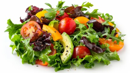 Organic mixed greens with bright bell peppers, juicy tomatoes, and avocados, lightly dressed, on white backdrop, ideal for clean eating