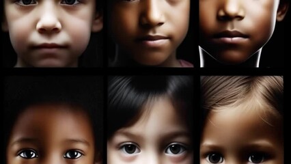 many diverse children of different nationality, boys and girls, portraits, faces collage collection, group mosaic montage,  Generative AI - Powered by Adobe