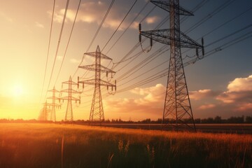 Sun Setting Behind Power Lines in Field. Generative AI - Powered by Adobe