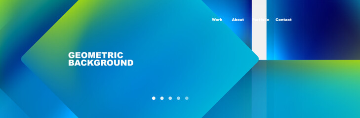 A vibrant blue and aqua geometric background featuring squares and lines. The display device showcases a multimedia brand with electric blue and magenta rectangles