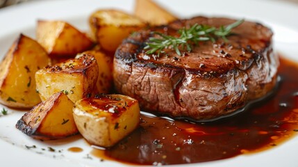 Luxurious filet mignon in a rich demi-glace, served with golden roasted potatoes, soft studio lighting, on a clean, isolated backdrop
