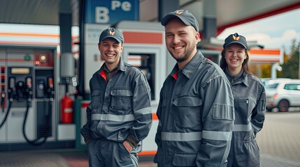 professional ultraralistic photo session of grey workwear, modern petrol station, smiling people 