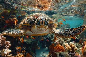 A detailed closeup of an intricate turtle's face, resting on coral with vibrant colors and textures. Created with Ai