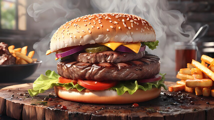 Grill burger, realistic 3d burgers falling in the air, grilled meat collection, ultra realistic,...