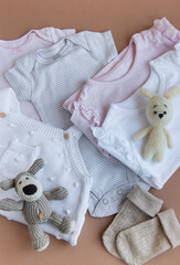 Set of pink clothes and accessories for newborn baby. Knitted toys rabbit and dog, romper, socks and handband