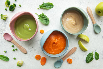 Healthy baby food in bowls