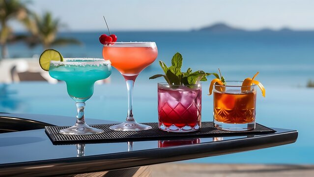 Four colorful tasty alcoholic cocktails in a row at the bar stand luxury vacation concept toned image drinks wording