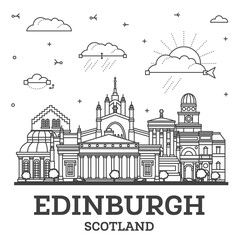 Outline Edinburgh Scotland City Skyline with Modern and Historic Buildings Isolated on White. Edinburgh Cityscape with Landmarks.