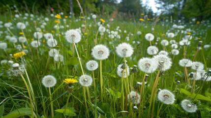 white dandelions weeds on grassland.