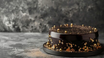 Luxurious dark chocolate cake with glossy ganache, gold leaf accents, set against a subtle grey backdrop, studio lights