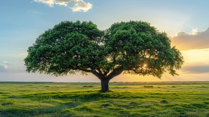 Fototapeta na wymiar A solitary tree in a sun-kissed grassy field, sun rays filtering through cloudy sky