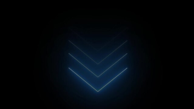Blue neon single-line directional down arrow animation. signal icon. Moving arrow pointing down. Down-direction arrow on black background