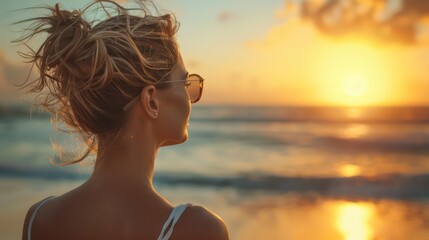 Gracefully adorned in sunglasses, a 40-year-old woman savors the beach's tranquility, her gaze fixed on the sun's radiant embrace