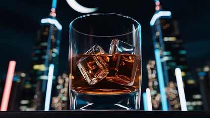 Whiskey with ice cubes on a background of the night city