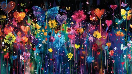   A painting of numerous hearts and flowers against a black backdrop, with a drip of paint at its base