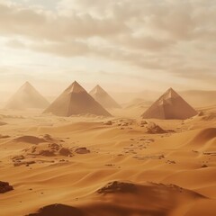 Fototapeta na wymiar Amidst swirling dust in the vast desert, majestic pyramid structures rise, timeless monuments of awe-inspiring beauty and ancient mysteries