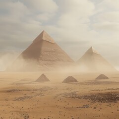 Amidst swirling dust in the vast desert, majestic pyramid structures rise, timeless monuments of awe-inspiring beauty and ancient mysteries