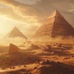 Amidst swirling dust in the vast desert, majestic pyramid structures rise, timeless monuments of awe-inspiring beauty and ancient mysteries - obrazy, fototapety, plakaty