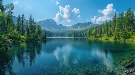  Beautiful panoramic view of the mountains and forest around an emerald lake in Poland. Created with Ai