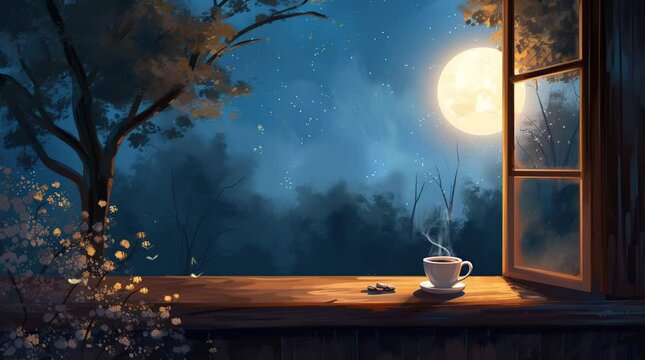 Moonlit Coffee Moment: Enjoy a cup of coffee by the window on a magical night illuminated by the full moon, Seamless looping 4k time-lapse virtual video animation background. Generated AI