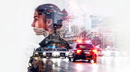 Policing and Police in society or community security for building trust as a blue law enforcement in social crowd as a policeman or policewoman as Crime Prevention symbol. Double exposure.