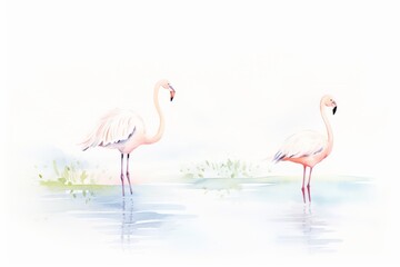 Two pink flamingos standing in a blue pond with white water lilies.