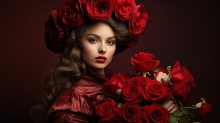 Beautiful young woman with a bouquet of red roses on a dark background.