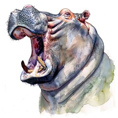 A majestic hippopotamus with its mouth wide open, captured in beautiful watercolor strokes, embodies nature's grandeur and power - obrazy, fototapety, plakaty