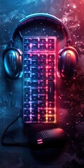 Immerse in neon glow with a sleek black backdrop, soaring high while the headphone, mouse, and keyboard compose symphonies of creativity