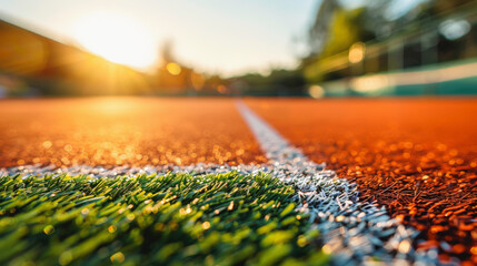 Close-up of a textured sports field with artificial turf and track during sunset, showcasing the white boundary line.