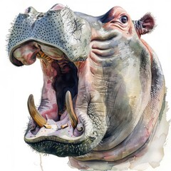 A majestic hippopotamus with its mouth wide open, captured in beautiful watercolor strokes, embodies nature's grandeur and power