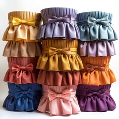 A towering stack of elegant Christmas gift box skirts, adorned with ribbons tied in beautiful bows, creating a festive spectacle